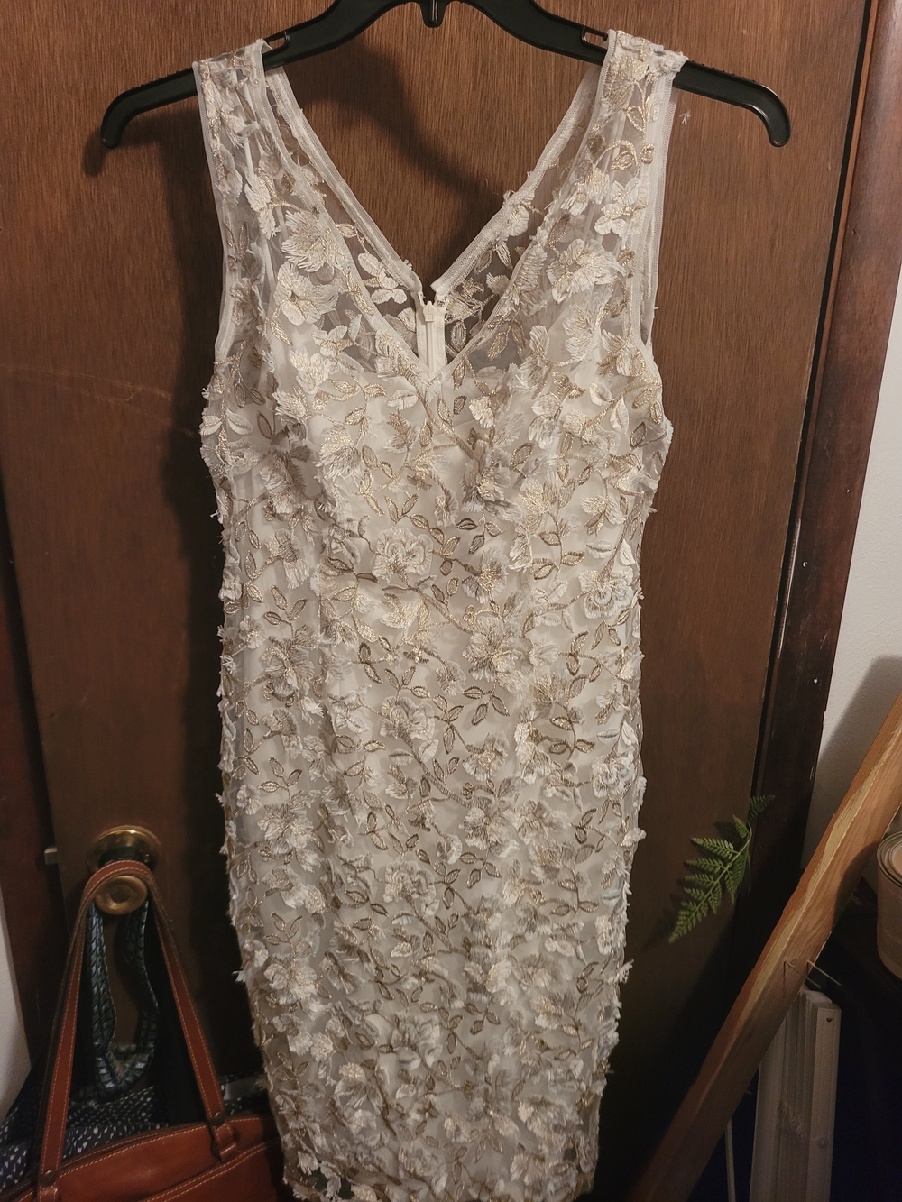 Adrianna Papell Ivory Midi Dress with Gold Floral Embroidery